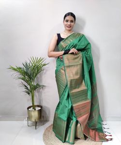 Attractive Designer Bollywood Silk Saree with Hand Work Embroidery and Tussle Detailing for Festivals and Parties - Product Image 1