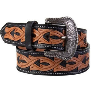 Ceinture d'outillage en cuir western noir pleine fleur sculptée à la main pour hommes et femmes avec coutures contrastées et boucle florale - Product Image 1