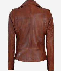 Brown Leather Jacket for Women Fashionable Two Zipper Pocket <b>Long</b> Clothing with Fabric Material for Wholesale Biker Jackets - Product Image 3