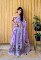 Sutra katun Linen lembut Saree cetak Digital untuk orang dewasa Batik Floral anyam seluruh tubuh dengan kaya perak batas palet etnis
