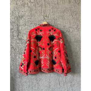 Handmade Red Velvet <b>Jacket</b> with Suzani Embroidery Quilted Reversible XL Indian Cotton Coat for Autumn Winter Varsity Style - Product Image 5