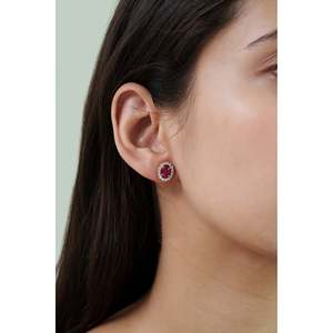 14K Gold Ruby Oval Cut Diamond <b>Halo</b> Trendy Women's Stud <b>Earrings</b> - Product Image 2
