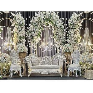 Lujoso conjunto de sofá plateado tallado pesado para boda, elegante conjunto de sofá plateado para novia, novio, sentado, juego de sofá de boda real para escenario - Product Image 1