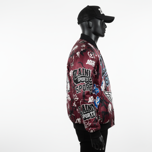 Veste en satin premium 220GSM Tissu doux et brillant en design graffiti bordeaux avec logo brodé multi-patch Veste en satin pour homme - Product Image 4