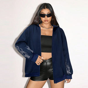 Sudadera Corta con Pedrería para Mujer, de Felpa, con Cierre, Transpirable, Cómoda, Estilo Urbano, Vintage, Lavado Ácido, con Bordado y Parches - Product Image 5