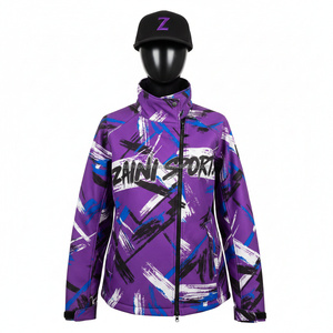 Veste Softshell pour femmes, durable, extensible, bleu violet blanc, panneaux brossés, résistante à l'eau, fermeture éclair intégrale, logo personnalisé, veste Softshell pour femmes - Product Image 1