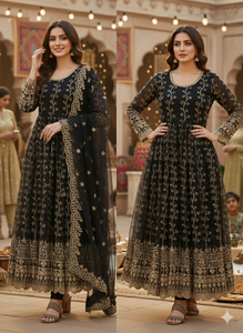 Costume Anarkali pour femmes pour l'Aïd, en faux georgette lourd, avec broderie florale, nouveau design, style de fête Bollywood, style islamique - Product Image 2