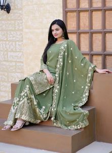 Stylish Lawn Suit 3 Piece For Women With Embroidered Shirt Organza Dupatta Flared <b>Trouser</b> Summer Seasonal Pakistani Outfit - Product Image 2