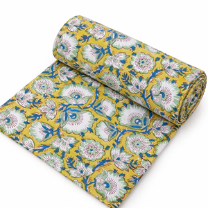 Tissu en voile de coton peigné 60S/60S léger, imprimé à la main par bloc, motif floral jaune et bleu feuillage, par Pinksa Fashion 90 - Product Image 5
