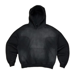 เสื้อฮู้ดดี้ทรงบ็อกซี่โอเวอร์ไซส์แบบครอป ตัดเย็บแบบแพทช์เวิร์ค สีดำฟอกย้อมสไตล์ซันเฟด ผ้าเฟรนช์เทอร์รี่ 450GSM - Product Image 1