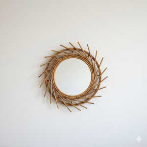 Miroir rond de coiffeuse/mural ECONA, magnifique, écologique, fait à la main en bambou et en rotin tressé, design bohème en forme de soleil pour salle de bain et chambre à coucher - Product Image 2