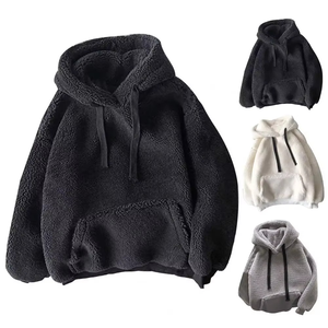 Pullover Casual Women <b>Sherpa</b> <b>Hoodie</b> Solid Color Hooded Long Sleeve Drawstring Patch Pocket Keep Warm Plush Hoodies - Product Image 1