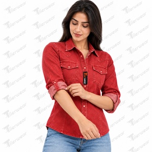 Tiierwear <b>Womens</b> Vintage Woven Denim Shirts <b>Baggy</b> <b>Jean</b> Button Down Tops Custom Streetwear Clothing OEM Private Label Front Logo - Product Image 3