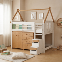 Lit superposé en bois massif pour enfants, style maison, avec armoire et barrières de sécurité, tailles personnalisées pour chambre à coucher, vente en gros B2B
