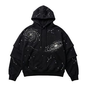 Sweat à capuche pour homme, poids lourd, 500 g/m², mélange polyester/coton, tissu éponge français, broderie de strass, manches superposées, coupe ample, pull-over - Product Image 2