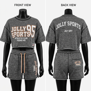 Conjunto de Top Corto y Pantalones Cortos de Felpa de Algodón y Poliéster Premium de 260 GSM para Mujer, Color Gris Jaspeado, Estampado Suave, Logotipo Personalizado - Product Image 1