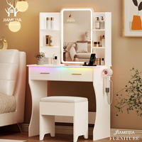 Bureau de toilette blanc de qualité commerciale avec pieds courbes, miroir LED intégré, mobilier pour hôtel et dortoir