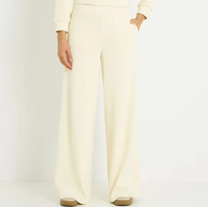 Men High Waist Wide Leg Knitted Pants Elastic Waist Casual Flared <b>Trousers</b> <b>Light</b> Yellow Plain Dyed Style - Product Image 2