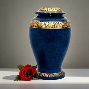 Bleu avec garniture de feuille d'or urne de crémation en laiton massif pour les cendres capuchon fileté urnes commémoratives de taille adulte - Product Image 5