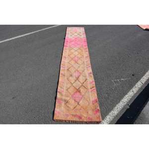พรมตุรกีวินเทจ22x127ฟุตการเย็บปะติดปะต่อกันสีส้มสีชมพูยางขนสัตว์เหนียวสำหรับห้องนั่งเล่นตกแต่งห้องโถง - Product Image 1