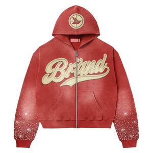 Low Moq Fabricante Custom Cotton 500 GSM Distressed Washed Rhinestone Double Zip up Hoodie - Product Image 6