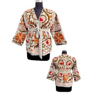 Kimono Suzani Broderie Manteau Court Vestes Broderie À La Main Avec Ceinture Indien À La Main Robe pour - Product Image 1