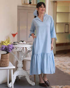 Vestidos largos de tendencia Patrón sólido lindo Diseño personalizado Traje informal occidental Verano Primavera Cintura natural 100% Algodón - Product Image 3