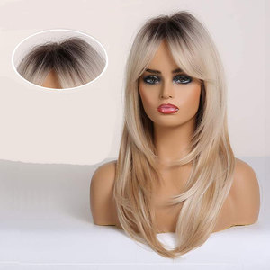 Perruque blonde droite en couches pour femmes avec des racines foncées naturelles fibre de cheveux synthétiques résistant à la chaleur et blond ombré doux - Product Image 3