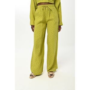 Pantaloni Larghi da Donna in Lino con Elastico in Vita e Decorazione Frontale in Pietra, Colore Verde, Stile Lungo - Product Image 2