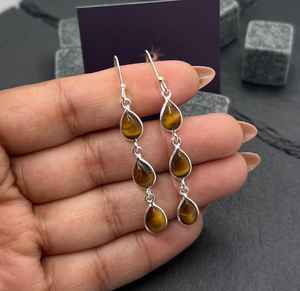 Handmade 925 Sterling Silver Earrings Natural Tiger Eye Gemstone Customized Designer <b>Fine</b> <b>Piercing</b> <b>Jewelry</b> Wedding Engagement - Product Image 2