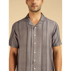 Amanush Men's Nylon Solid Grey Striped Short Sleeve Casual <b>Shirt</b> <b>Mandarin</b> <b>Collar</b> Breathable Fabric Summer Wear Mens <b>Shirts</b> - Product Image 2