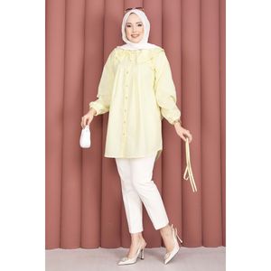 Double Collar Modest <b>Tops</b> Yellow Hijab Shirt with Drawstring Waist - Product Image 3