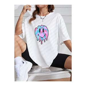 T-shirt girocollo stampata con faccia sorridente in cotone 100%, S-M-L-XL in cotone pettinato con faccia sorridente