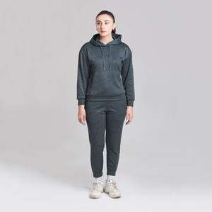 Ensemble pantalon et sweat à capuche avec cordon de serrage pour entraînement de fitness de grande taille 2 pièces vêtements de sport de couleur unie pour femmes survêtements - Product Image 1