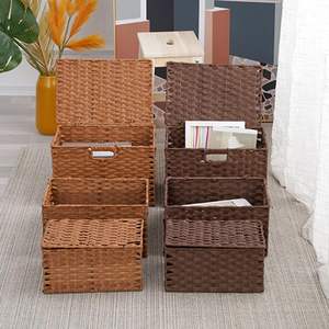 Panier de rangement rectangulaire moderne en plastique tressé écologique avec poignée, empilable, multifonctionnel pour l'organisation des aliments - Product Image 6