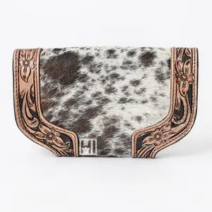 Natural Cowhide Leather Wallet Trending 2023 Handmade Hair on Hand Tooling Hand Clutch Trifold Wallet For Women with Magnet Flap