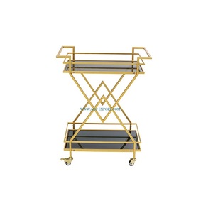 รถเข็น2ชั้นพร้อมกรอบโลหะและแก้วสำหรับตกแต่งใหม่รถเข็นเฟอร์นิเจอร์โรงแรมทำจากโลหะสีทอง - Product Image 1