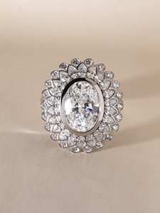 Bague de cocktail Moissanite coupe ovale 7x9mm | Double Halo Floral Statement Design | OEM de bijoux fins de mariage en or argent - Product Image 3