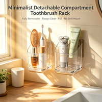 Support de brosse à dents carré minimaliste en PET transparent avec compartiment détachable personnalisable pour montage mural, comptoir, salle de bain, armoire (lot de quatre)