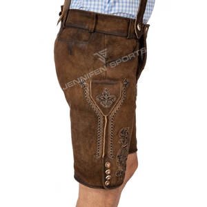 ผู้ชายแบบดั้งเดิม Lederhosen สั้นพร้อมแขวนหนัง Cowhide แท้ปุ่มเย็บปักถักร้อยด้านหน้าปิดด้านข้างและกระเป๋าด้านหลัง - Product Image 4