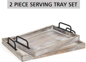 Plateaux de service alimentaires en bois rustique Lot de 2-Plate-forme d'affichage en bois imbriquée avec poignées en métal, décor de ferme vintage servant P - Product Image 6