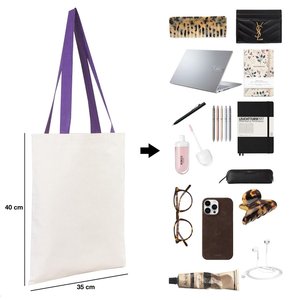 Sacs fourre-tout en toile de coton couleur violet clair, sac à main personnalisé pour femmes en toile de 10 oz avec poignées violettes, 14 x 16 pouces (35 x 40 cm) - Product Image 4