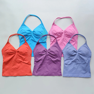 Camiseta sin mangas de gimnasio de Jersey dulce corto con tiras de palangre para mujer con sujetador incorporado copas extraíbles tela transpirable listo para Yoga - Product Image 3