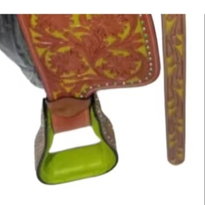 Venta caliente Western Saddle Floral Tooled Leather Green color DD Leather Designer Asiento acolchado Horse Riding Leather Tack Wholesale - Product Image 2