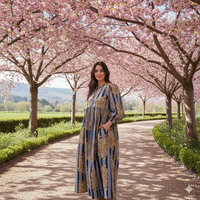 Robe longue maxi en coton faite à la main pour femme, imprimé tigre fait main au bloc, style bohème, coupe trapèze, manches ballon, écologique et lavable