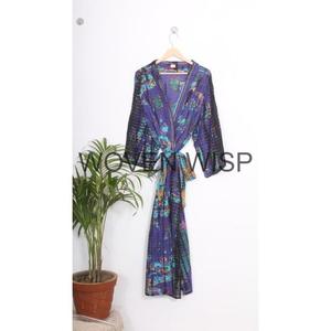เสื้อคลุมชุดกิโมโนผ้าฝ้ายบล็อกพิมพ์เสื้อคลุมสําหรับผู้หญิงชุดเครื่องแป้งขนาดบวกเสื้อคลุมชุดกิโมโนผ้าฝ้ายชายหาดคลุมคลุมเลานจ์สวมใส่สบายๆ - Product Image 1