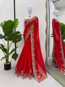 Sari rojo de boda pakistaní indio de gran venta con blusa sin costuras Material de Georgette falso también hilo Sequnce trabajo - Product Image 2