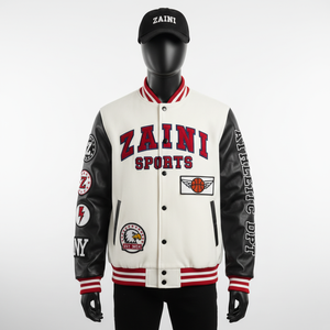 Chaqueta universitaria de cuero de lana unisex Chaqueta universitaria de diseño de parche de chenilla con logotipo bordado personalizado de contraste de manga blanca para hombres - Product Image 1