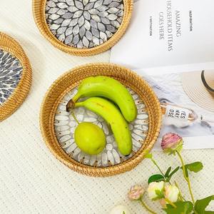 Dessert Rattan Serving Tray with Mother of Pearl Candy Tray Decorative Wicker <b>Storage</b> Food Basket Made by Vietnam Artisan - Product Image 2