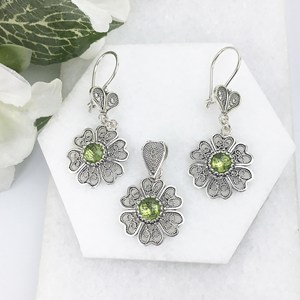 Natural <b>Peridot</b> Silver Earrings Pendant Set Sterling Silver Natural <b>Peridot</b> Artisan Filigree Earrings Pendant Set Women Jewelry - Product Image 5